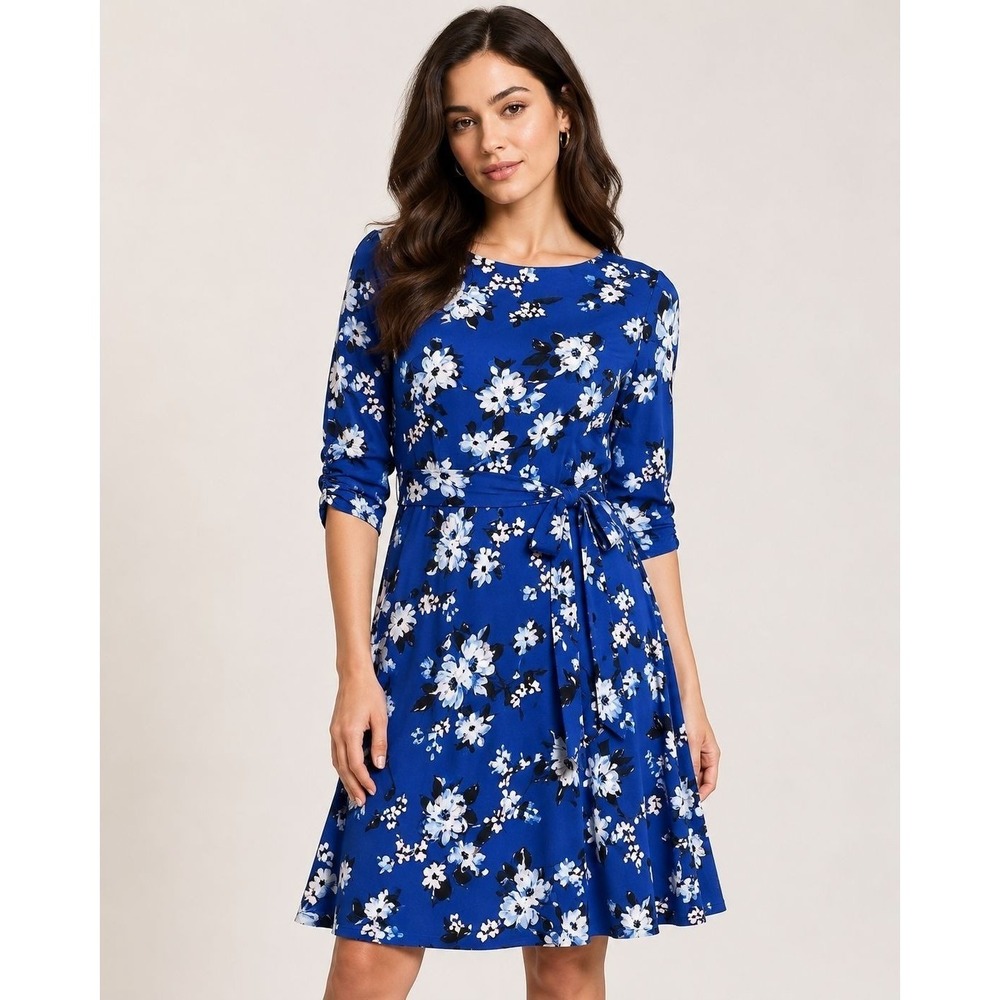 Jessica Howard Floral Fit and Flare Dress Women 8P Blue Ruched Sleeve NWOT